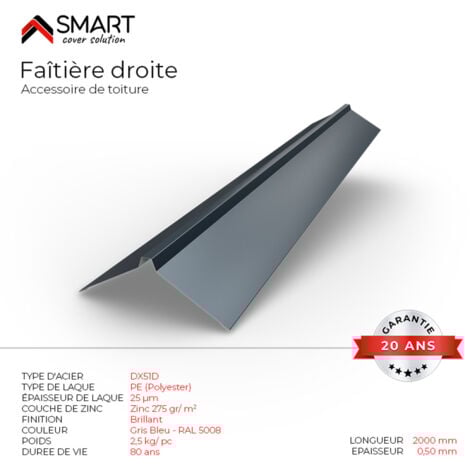 Faîtière droite - bac acier - tôle de couverture - Toiture -  Coloris Gris Bleu RAL 5008 L=2m, épaisseur 0.50mm