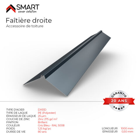 Faîtière droite - bac acier - tôle de couverture - Toiture -  Coloris Gris Bleu RAL 5008 L=1m, épaisseur 0.50mm