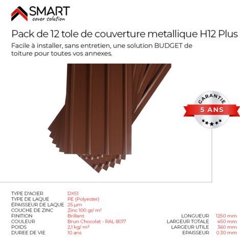 SMART COVER Pack 12 tôles bac acier - toiture - couverture H12 - Dimensions: 125cm x 45cm = 6,75m²  épaisseur: 0,30mm  Qualité Allemande  Acier couleur RAL 8017