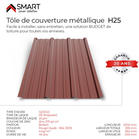 Tôle bac acier - Toiture - Couverture - plaque H25 Coloris Rouge Oxyde RAL 3009  Dimensions 2000x895x0.50mm