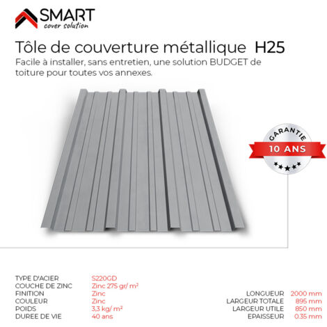 Bravo The Smart Solution – Tôle bac acier TR25 galvanisé 2000x895x0.40 mm – Zinc 275 gr S220GD – Couverture toiture facile à installer et sans entretien