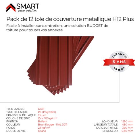 SMART COVER Pack 12 tôles bac acier - toiture - couverture H12 Dimensions: 125cm x 45cm=6,75m² épaisseur: 0,30mm Qualité Allemande Acier couleur RAL 7016