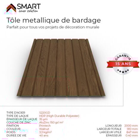 Tôle bac acier - Toiture - Couverture - plaque H12 Coloris Walnut Printech Dimensions 2000x910x0.40mm