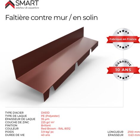 Bravo The Smart Solution – Faitière en solin TR45 – Bac acier 0.63mm – Longueur 2.10m – Coloris brun rouge terracotta RAL 8012 – Accessoire toiture