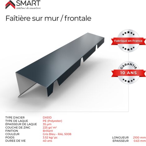 Bravo The Smart Solution – Faitière crantée TR45 – Bac acier 0.63mm – Coloris gris bleu RAL 5008 – Longueur 2.10m pour toiture durable