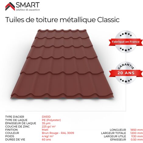 Bravo The Smart Solution – Tuile de toiture bac acier – Couverture métallique rouge oxyde 3009 – Dimensions 1850x1200x0.50mm – Solution budget et qualité