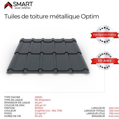 Bravo The Smart Solution – Tôle imitation tuile de couverture – modèle Optim – couleur gris anthracite Ral 7016 – épaisseur 0,4mm – dimensions 1210mm x 840mm – surface 1,016m2