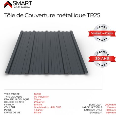 Tôle bac acier - Toiture - Couverture - plaque TR25 Coloris Gris Anthracite RAL 7016 Dimensions 2000x1110x0.50mm