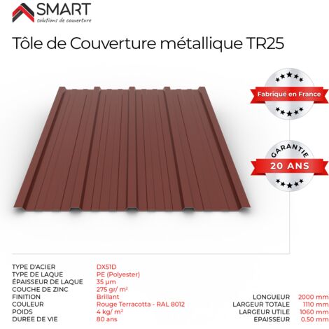 Tôle bac acier - Toiture - Couverture - plaque TR25 Coloris Rouge Terracotta RAL 8012 Dimensions 2000x1110x0.50mm