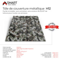 Bravo The Smart Solution – Tôle bac acier H12 camouflage Printech – Dimensions 2000 x 910 x 0.40 mm – Couverture toiture pour chantiers humides
