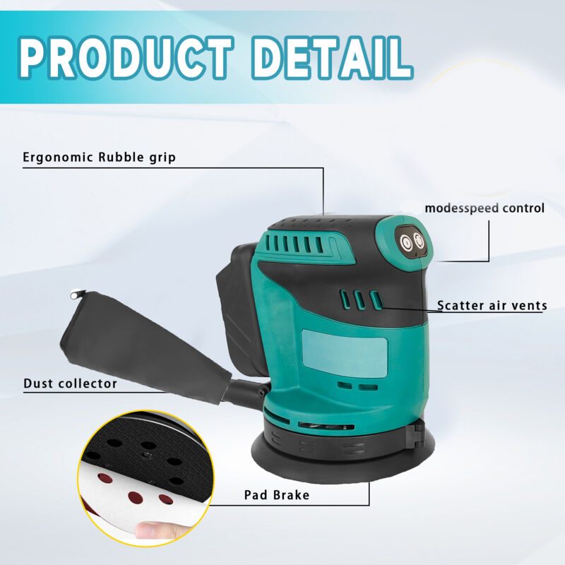 Ponceuse Excentrique Pour Makita 18 V Batterie, 125mm, 3 Vitesses, Ponceuse Orbitale 7000-11000 Tr/min, Livrée Avec 15 Disques Abrasifs, Idéale Pour Le Travail Du Bois Professionnel