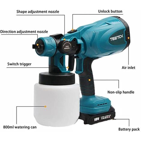 Pistolet à peinture,Pistolet de pulvérisation sans fil 1000ML, pulvérisateur de peinture murale de clôture électrique sans air HVLP + 2 batteries 5,5a + chargeur-compatible avec la batterie Makita.
