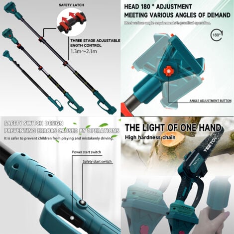 Tronçonneuse télescopique sans fil à longue portée sécateur d'arbre coupe-branche tronçonneuse longue portée sécateur scie à poteau extensible+2xbatterie 3.0A+chargeur,Compatible avec batterie Makita