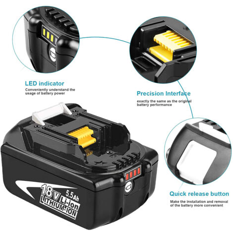 Batterie, 2x 5.5A Batterie 18V LXT BL1850 BL1830 Li-ion remplacement Batterie avec LED, Compatible avec la machine Makita