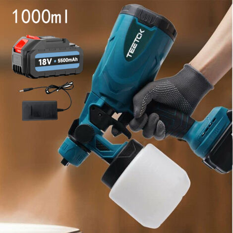 Pistolet à peinture,Pistolet de pulvérisation sans fil 1000ML, pulvérisateur de peinture murale de clôture électrique sans air HVLP + batterie 5,5a + chargeur compatible avec la batterie Makita.