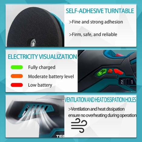 Polisseuse,Polisseuse de voiture sans fil 21 V 6 pouces, ponceuse tampon,  6 vitesses, nettoyeur électrique + tampons + 2 batteries 3,0 A + chargeur, compatible avec la batterie Makita 18 V