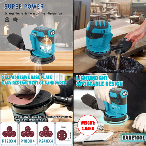 Ponceuse orbitale aléatoire sans fil,Sans balais,ponceuse 18V Ø 125mm, Compatible avec la batterie Makita, 6 vitesses avec sac à poussière & papier de verre 12PCS+5.5Ah batterie (chargeur non inclus)