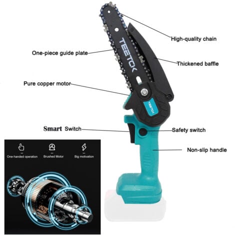 Tronçonneuse à batterie,Tronçonneuse électrique sans fil de 6 ", Mini scie à bois portative, tronçonneuse puissante,Compatible avec la batterie Makita + 2 x 3000 mAh batterie + chargeur