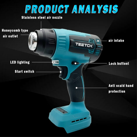 Décapeur thermique, chauffage électrique sans fil, Compatible avec la batterie Makita, avec 3 buses, pistolet à air chaud à poignée, pour travaux de bricolage, tuyau en PVC/emballage/rétrécissement ar