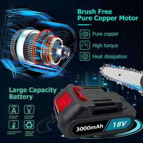 Tronçonneuse à batterie, mini scie à chaîne sans fil de 15,2 cm + 2 batteries 3.0A + chargeur avec chaînes ,remplacement Compatible avec la batterie Makita