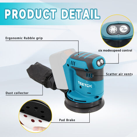Ponceuse orbitale aléatoire sans fil,Sans balais,ponceuse 18V Ø 125mm, Compatible avec la batterie Makita, 6 vitesses avec sac à poussière&papier de verre 12PCS+2x 5.5Ah batterie (chargeur non inclus)