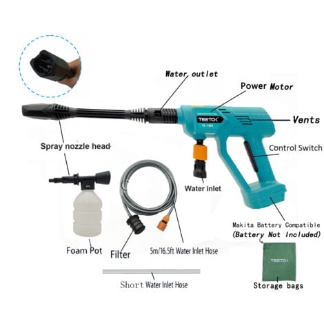 Nettoyeur haute pression électrique portable,Nettoyeur haute pression sans fil pour voiture, pistolet de lavage à l'eau sans fil + 2 batteries 5.5A + chargeur, compatible avec batterie Makita