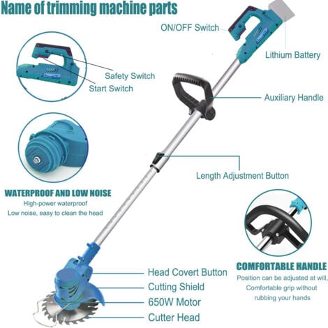 Coupe-bordure à batterie, Batterie Tondeuse de pelouse Tondeur d’herbe Débroussailleuse Coupe-moteur Cutter, Compatible avec la batterie Makita, avec 2x3000mAh Batterie et chargeur