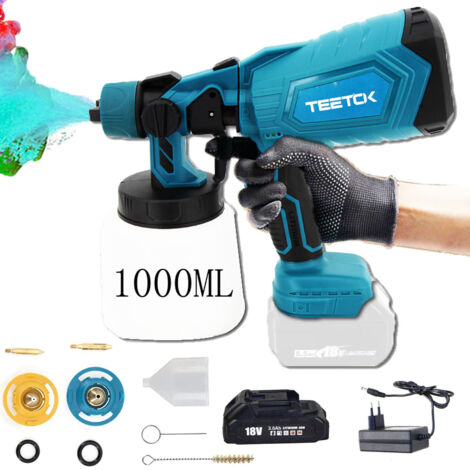 Teetok – Pistolet à peinture électrique 1000 ml – 3 modes de pulvérisation – Débit d’air 500 ml/min – Compatible avec batteries 18V lithium-ion