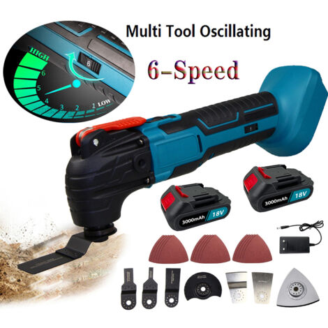 Outil multifonction oscillant, outil polyvalent sans fil et sans balais, 6 vitesses, accessoires avec 2 batteries et chargeur 3,0 A,compatible avec les batteries Makita