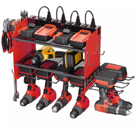 Organisateur Mural Pour Outils électriques – Support 8 Perceuses, 2 Chevilles, Métal Rouge