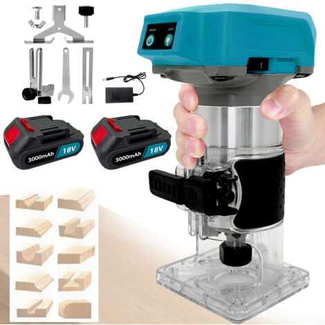 Défonceuse à bois sans fil, défonceuse à bois sans fil, défonceuse électrique à main, fraiseuse à stratifié, gravure, menuisier + 2 batteries 3,0 A + chargeur, compatible avec la batterie Makita