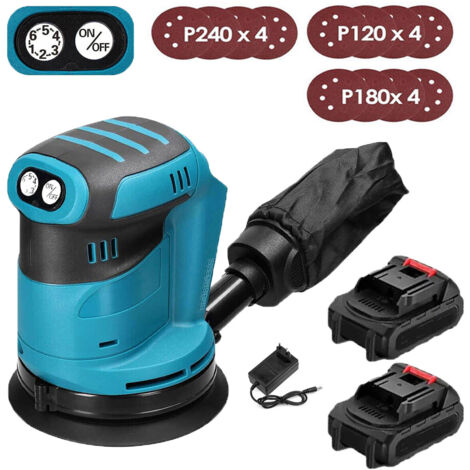 Ponceuse orbitale, excentrique,Ponceuse orbitale aléatoire sans fil 125 mm,Sans balais, avec 12 papiers abrasifs et sac à poussière +2x batterie 3,0A + chargeur-Compatible avec le batterie Makita
