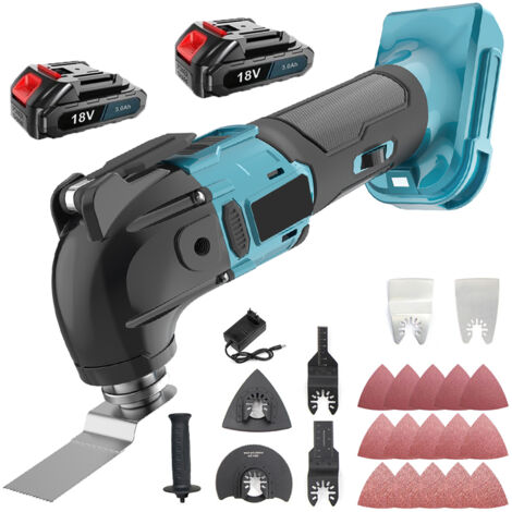 Outils multifonctions, sans fil, sans balais, oscillant, ponceuse, grattoir, scie, changement de lame sans clé, 6 vitesses,22 lames +2 batteries 3,0 A + chargeur, compatibles avec les batteries Makita