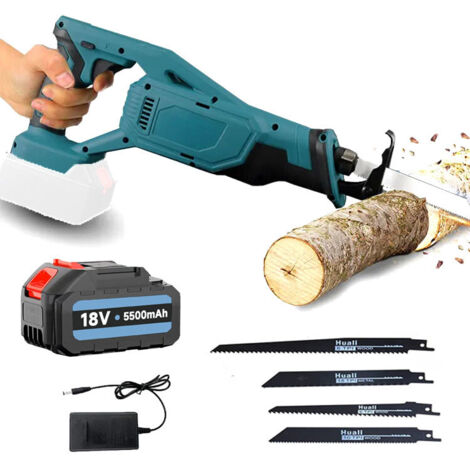 Scie sabre,Scie à sabre sans fil, scie alternative, lames 4x, pour le plastique en bois et le métal, batterie et chargeur de 5500mAh, compatible avec la batterie Makita (1/5)