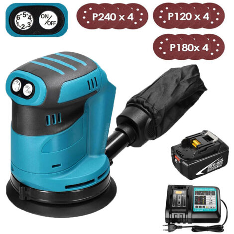 Ponceuse orbitale, excentrique,Ponceuse orbitale aléatoire sans fil 125 mm,Sans balais, avec 12 papiers abrasifs et sac à poussière +1x batterie 5,5A+chargeur DC18RC-Compatible avec le batterie Makita
