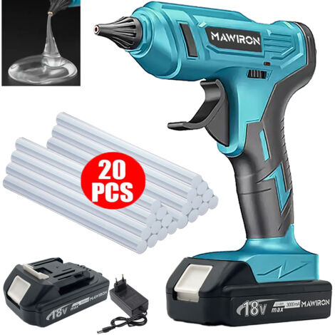 Pistolet à colle chaude sans fil 100 W pour la maison et le jardin, mini pistolet à colle + 20 bâtons de colle 11 mm + 2x batterie 3,0 A + chargeur, compatible avec la batterie Makita