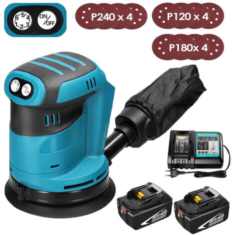 Ponceuse orbitale, excentrique,Ponceuse orbitale aléatoire sans fil 125 mm,Sans balais, avec 12 papiers abrasifs et sac à poussière +2x batterie 5,5A+chargeur DC18RC-Compatible avec le batterie Makita