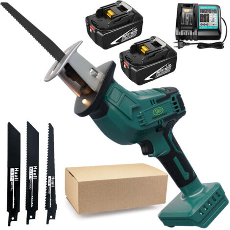 Scie sabre,Scie alternative sans fil, scie à sabre à vitesse variable, 4 lames, pour la coupe de tuyaux en PVC en métal +2x batterie de 5,5a+chargeur DC18RC, compatible avec la batterie makita (1/5)
