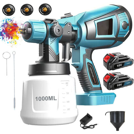 Pistolet à peinture HVLP sans fil, 3 buses, 3 modes de pulvérisation, pour clôtures, abris de jardin, terrasses, meubles de jardin + 2 batteries 3,0 A + chargeur, compatible avec la batterie Makita