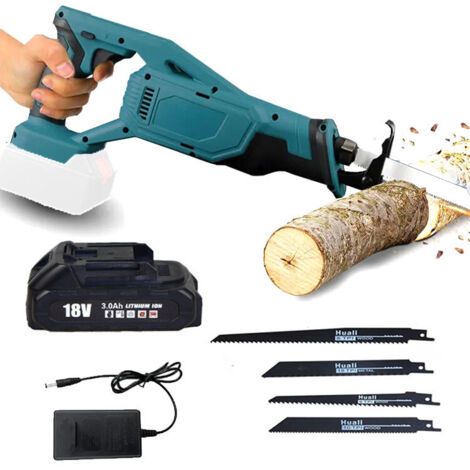 Scie sabre,Scie à sabre sans fil, scie alternative, lames 4x, pour le plastique en bois et le métal, batterie de 3,0Ah et chargeur , compatible avec la batterie Makita