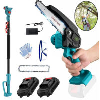 Scie à chaîne sans fil de 6 pouces, tronçonneuse électrique extensible 2 en 1, taille-arbre avec 2 chaînes, batterie 2x3,0 A et chargeur, compatible avec la batterie Makita