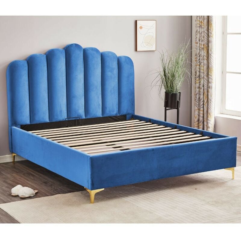 Letto matrimoniale contenitore testiera cuciture verticali Aki blu