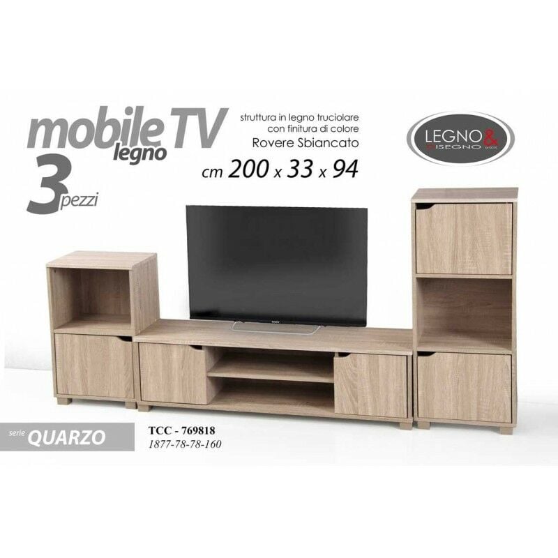 Mobile basso porta tv componibile rovere sbiancato cm 200 x 33 x 94 h