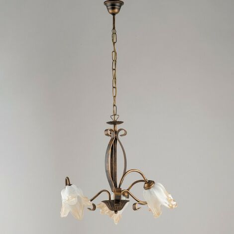 Lampadario in ferro Marrone Oro tre luci paralumi in vetro Bianco Ambra 51x h43 cm
