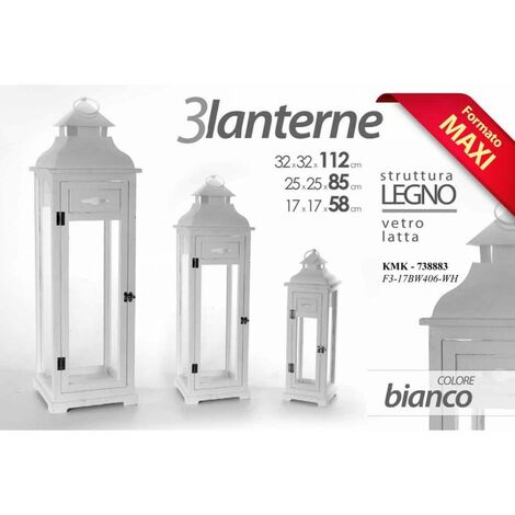 Tris lanterne bianco grandi arredo casa giardino in legno vetro (1/2)