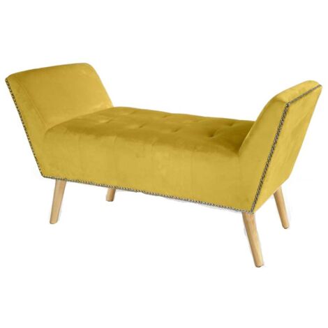 Panca in velluto gialla gambe in legno retro (1/2)