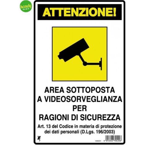 CARTELLO PLASTICA SEGNALETICA PRIVATA CM 30X20 ATTENZIONE AREA SOTT. A VIDEOS.