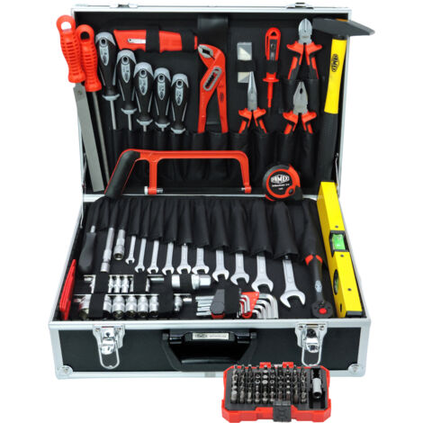 FAMEX 418-88 Mallette à outils professionnelle en aluminium remplie avec kit d'outils pour usage commercial, outils de production allemande, valise