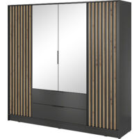 Kleiderschrank mit Spiegel 200 cm Fioro - Schrank vom Hersteller, Schlafzimmerschrank - Drehtürenschrank mit Lamellen, 4 Tür (Graphit)