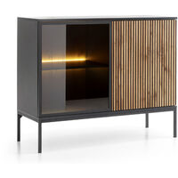 Sideboard 104 cm Haller - Kommode mit 2 Türen - LED-Beleuchtung, Holzbeinen, Lamellen - Loft Stil (Wotan Eiche / Schwarz)